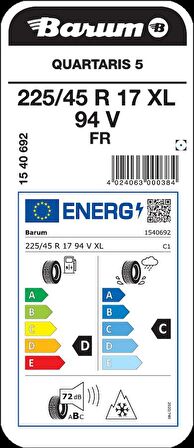 Barum 225/45 R17 94V XL FR QUARTARIS 5 Oto Dört Mevsim Lastiği Üretim 2022