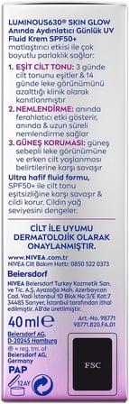 NIVEA SPF50 Luminous630 Skin Glow Aydınlatıcı Yüz Güneş Kremi 40ml, Nemlendirici, Eşit Cilt Tonu, Niasinamid, Thiamidol