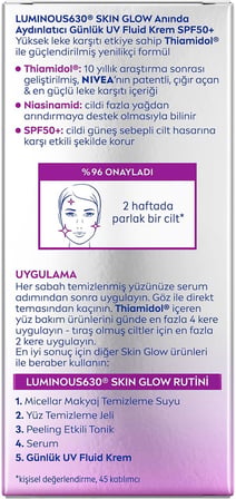 NIVEA SPF50 Luminous630 Skin Glow Aydınlatıcı Yüz Güneş Kremi 40ml, Nemlendirici, Eşit Cilt Tonu, Niasinamid, Thiamidol