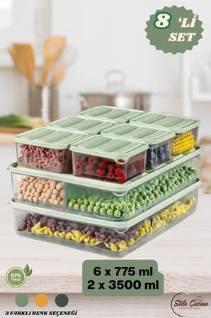 8'li Buzdolabı Düzenleyici Organizeri Mikrodalgaya Uygun Difriz Saklama Kabı (2x3500ml)(6x775ml) BPA Free (Mint)