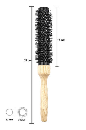Ahşap Saplı Seramik + İyonik Extra Uzun Termal Kırık Fön Saç Fırçası 32 mm
