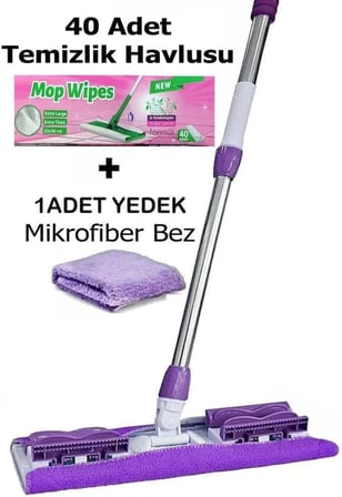 40 adet Süper Islak Havlu Hediyeli Yer Cam Silme Mopu Mikrofiber Yedek Bezli Yer Duvar Fayans Silme