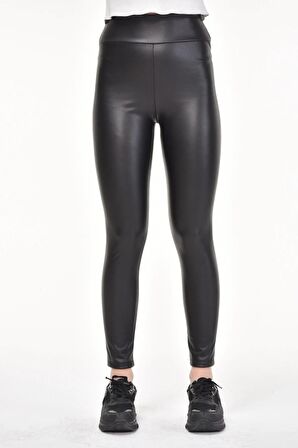 Siyah Içi Peluş Tüylü Yüksek Bel Deri Tayt