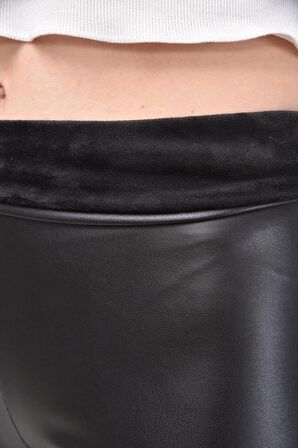 Siyah Içi Peluş Tüylü Yüksek Bel Deri Tayt