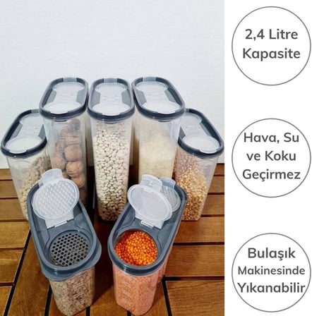® 2 Kapaklı Ölçekli Erzak Kuru Gıda Saklama Kutusu Kabı 2,4 Litre-SA940