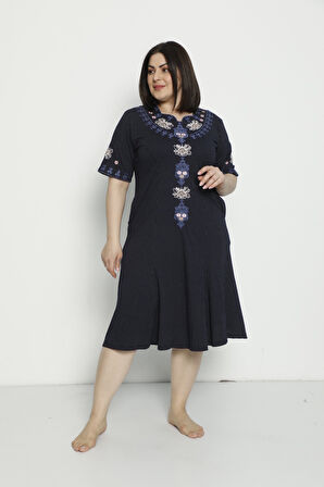 Puantiyeli Cepli Nakış Detaylı Büyük Beden Kısa Kollu Penye Modal Pamuklu Elbise