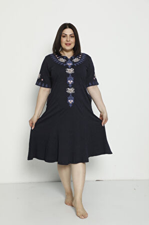 Puantiyeli Cepli Nakış Detaylı Büyük Beden Kısa Kollu Penye Modal Pamuklu Elbise