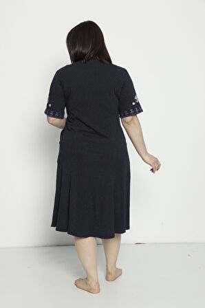 Puantiyeli Cepli Nakış Detaylı Büyük Beden Kısa Kollu Penye Modal Pamuklu Elbise