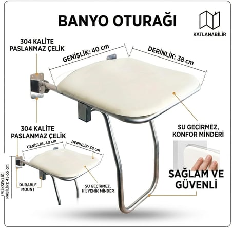Katlanabilir Engelli Duş Oturağı - 304 Kalite Paslanmaz Çelik, Duvara Monte Yaşlı ve Bedensel Engelli Banyo Taburesi, Duş Oturak