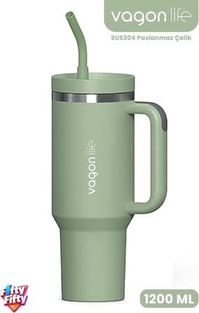 Tumbler Quencher Cup 1200 ML Pipetli Rahat İçim Kulplu SUS304 Paslanmaz Çelik 1.2L Termos 1103-1200ML Yeşil