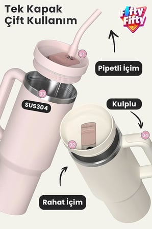 Tumbler Quencher Cup 1200 ML Pipetli Rahat İçim Kulplu SUS304 Paslanmaz Çelik 1.2L Termos 1103-1200ML Yeşil