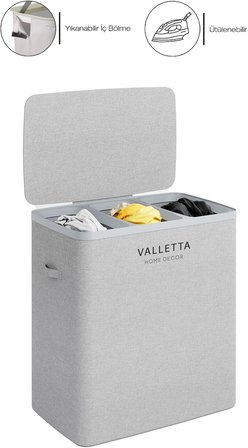 Paloma 120L Üç Yıkanabilir Bölmeli Katlanabilir Kumaş Kirli Çamaşır Sepeti Light Gray