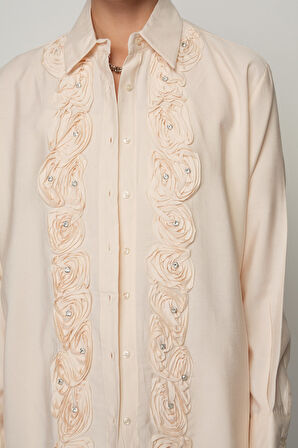 Kadın Gül Ve Taş Şerit İşlemeli Düz Gömlek