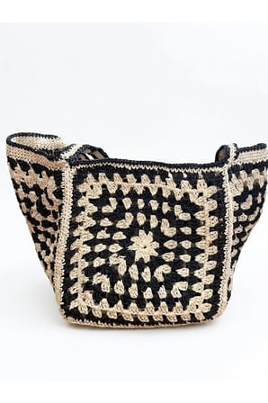 Kadın Retro Çiçek Motifli Örgü Çanta Siyah Krem Günlük Bohem Omuz Çantası