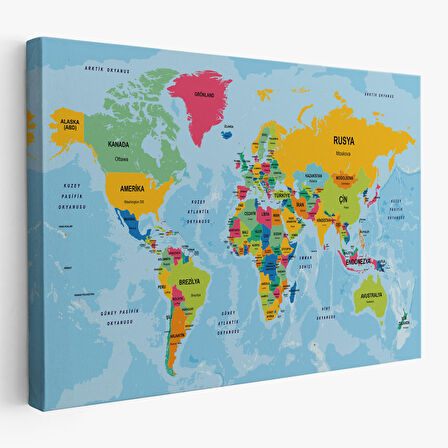 Harita Sepeti Türkçe Dünya Haritası Ülke Başkentli ve Okyanuslu Dekoratif Kanvas Tablo 2242
