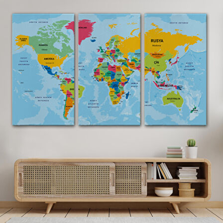 Harita Sepeti Türkçe Dünya Haritası Ülke Başkentli ve Okyanuslu Dekoratif Kanvas Tablo 2242