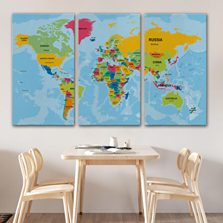 Harita Sepeti Dünya Haritası Ülke Başkentli Okyanuslu ve Dekoratif Kanvas Tablo 2243