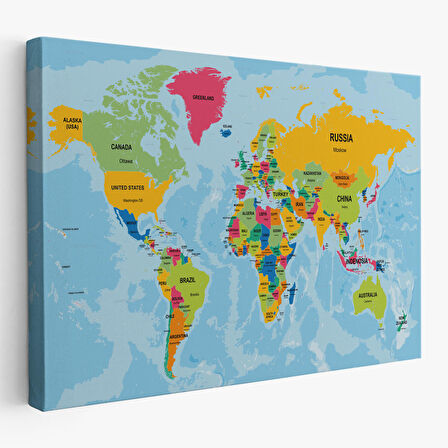 Harita Sepeti Dünya Haritası Ülke Başkentli Okyanuslu ve Dekoratif Kanvas Tablo 2243