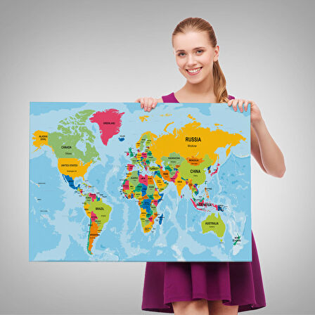 Harita Sepeti Dünya Haritası Ülke Başkentli Okyanuslu ve Dekoratif Kanvas Tablo 2243