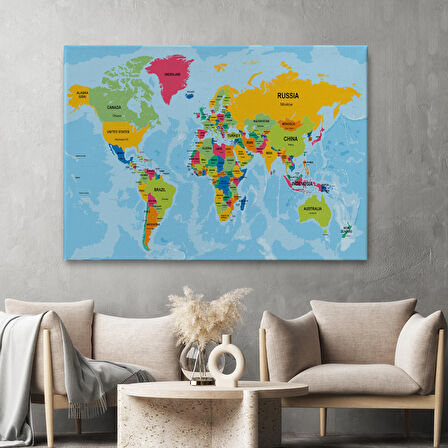 Harita Sepeti Dünya Haritası Ülke Başkentli Okyanuslu ve Dekoratif Kanvas Tablo 2243