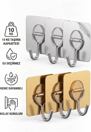 Yapışkanlı Askılık Seti, 3'lü, Gümüş ve Bronz Renk, 10 kg Taşıma Kapasiteli, Kolay Montaj (GÜMÜŞ)
