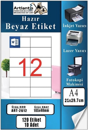 A4 Hazır Etiket 105x48 mm 10 Sayfa 1 Paket 12 li Kendinden Yapışkanlı Fotokopi Lazer İnkjet Kağıdı Yazıcılar İçin Uyumlu