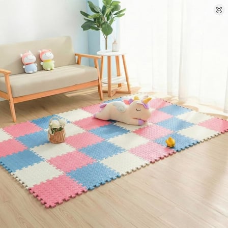 9 Parça Set 33x33 13mm Tatami 100x100 Kurulumlu Oyun Spor Halısı Minderi Puzzle Minder Zemin Kaplama (mavi-pembe-beyaz)