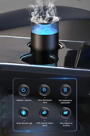 RGB Otomatik Buharlı Araç Parfümü Aromalı Koku Difüzörü Şarjlı 1000mAh Buharlı Hava Nemlendirme (Siyah-Mat)