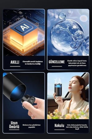 RGB Otomatik Buharlı Araç Parfümü Aromalı Koku Difüzörü Şarjlı 1000mAh Buharlı Hava Nemlendirme (Siyah-Mat)