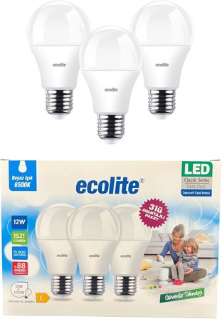 Ecolite 12W LED Ampul 3’lü Paket | 1521 Lümen, 6500K Beyaz Işık, 100W Eşdeğer, E27 Duy, Enerji Tasarruflu, 220V, Dim Edilemez