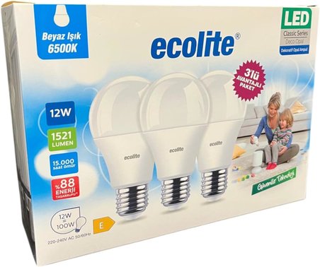 Ecolite 12W LED Ampul 3’lü Paket | 1521 Lümen, 6500K Beyaz Işık, 100W Eşdeğer, E27 Duy, Enerji Tasarruflu, 220V, Dim Edilemez