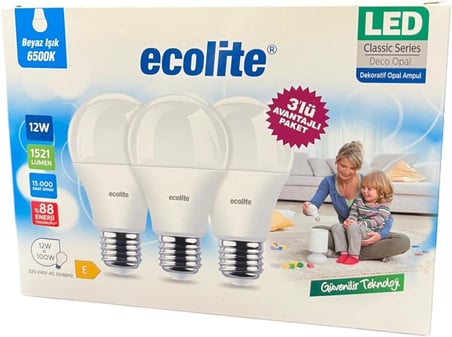 Ecolite 12W LED Ampul 3’lü Paket | 1521 Lümen, 6500K Beyaz Işık, 100W Eşdeğer, E27 Duy, Enerji Tasarruflu, 220V, Dim Edilemez