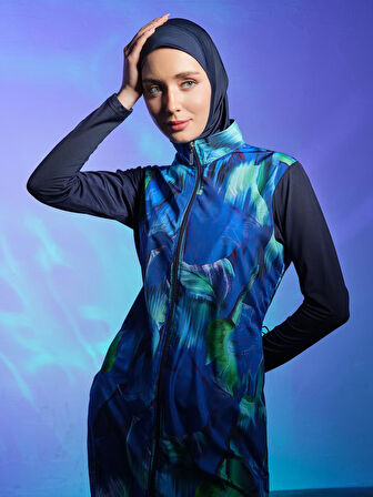 Doğa Desenli Tesettür Mayo Lacivert