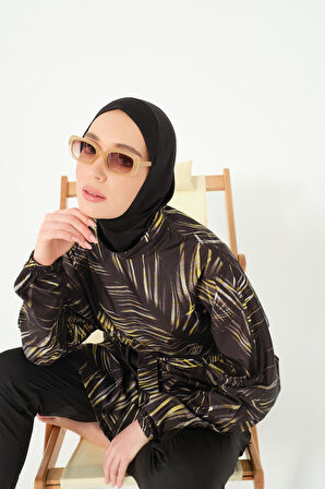 Yaprak Desenli Oversize Tesettür Mayo Siyah