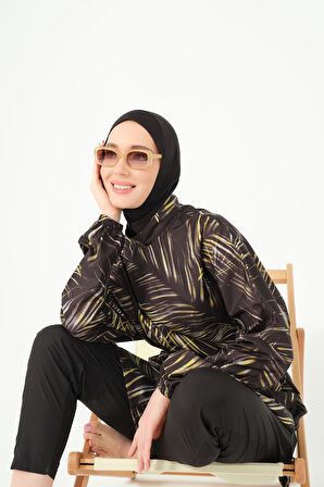 Yaprak Desenli Oversize Tesettür Mayo Siyah