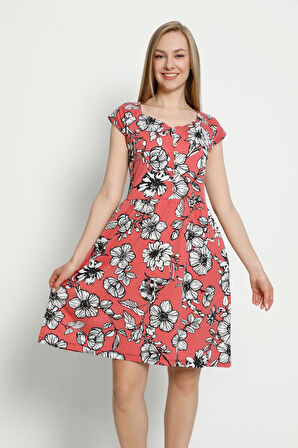 Kadın Kısa Kollu Desenli Düğmeli Cepli Penye Modal Pamuklu Elbise