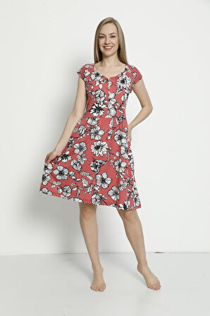 Kadın Kısa Kollu Desenli Düğmeli Cepli Penye Modal Pamuklu Elbise