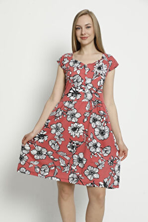 Kadın Kısa Kollu Desenli Düğmeli Cepli Penye Modal Pamuklu Elbise