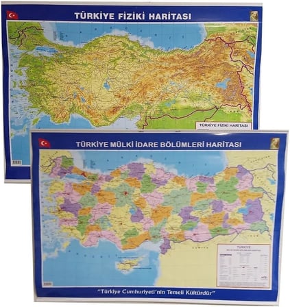 Büyük Türkiye Haritası 70x100 cm Çift Taraflı Çıtalı Askılı Hem Siyasi Hem Fiziki, Çok Renkli