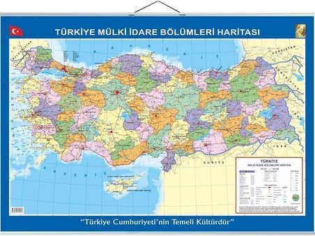 Büyük Türkiye Haritası 70x100 cm Çift Taraflı Çıtalı Askılı Hem Siyasi Hem Fiziki, Çok Renkli