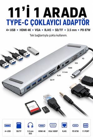 11in1 Çoklayıcı Type-C 3.1 To 4K Hdmi Vga Usb-C Ethernet USB Çoklayıcı SD Kart Okuyucu Çevirici Hub