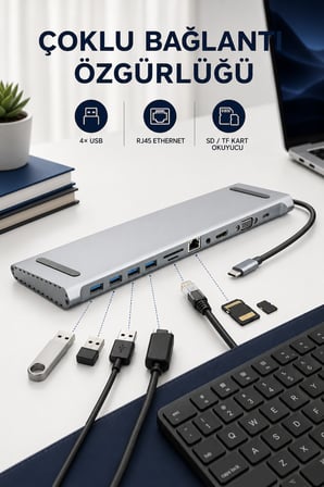 11in1 Çoklayıcı Type-C 3.1 To 4K Hdmi Vga Usb-C Ethernet USB Çoklayıcı SD Kart Okuyucu Çevirici Hub