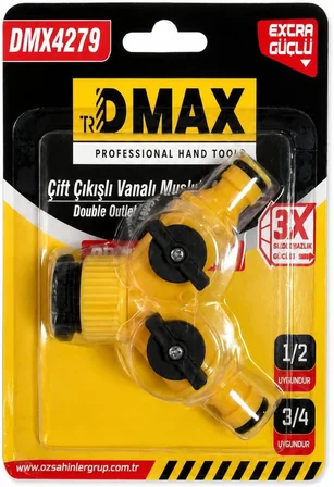 Çift Çıkışlı Vanalı Musluk Adaptörü, 1/2 ve 3/4 Uyumlu, Sarı, DMX4279