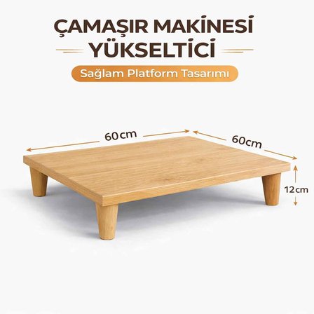 İMT AKSESUAR Çamaşır Makinesi Yükseltici Platform 60x60x12 cm Açık Meşe Robot Süpürge Uyumlu Titreşim Azaltıcı