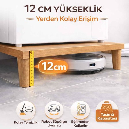 İMT AKSESUAR Çamaşır Makinesi Yükseltici Platform 60x60x12 cm Açık Meşe Robot Süpürge Uyumlu Titreşim Azaltıcı