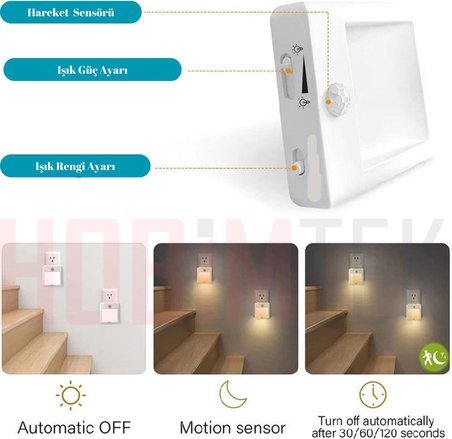 Akıllı Hareket Sensörlü LED Gece Lambası 2700K Fişe Takılan Hareket Sensörlü Güç Ayarlı Led Işık L001
