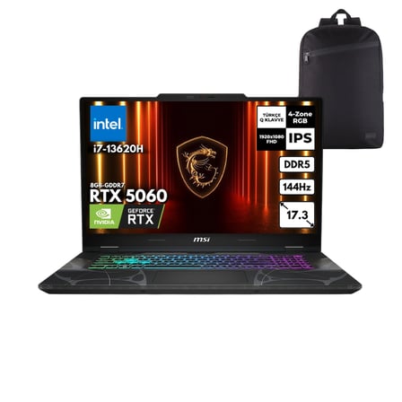 MSI CYBORG 17 i7-13620H 32-GBDDR5 4 TBSSD RTX5060 (8GB-GDDR7) 17.3" FHD 144Hz IPS Windows 11 Home + QB Sırt Çantası B13WFKG-092XTRQB33