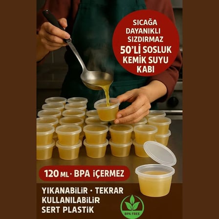 Saklama Kabı Sos 50 Adet 120 ml – 4 oz Kemik Suyu, İlik Suyu, Anne Sütü, Sos ve Püre Dondurucu Uyumlu Buzluk Kabı, Sızdırmaz Kapaklı (BPA İÇERMEZ - KALİTELİ)