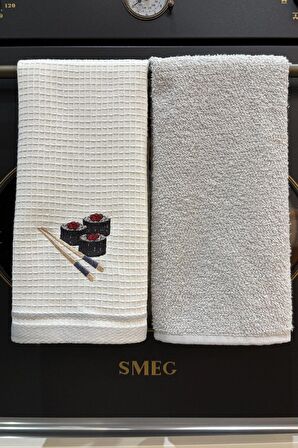 Sevim 2’li Mutfak Havlusu Seti - Açık Gri & Sushi Figürlü Kurulama Bezi -  %100 Pamuk & 40x60 Cm