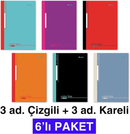 A4 Dikişli Okul Defteri 6’lı Paket (3 Çizgili + 3 Kareli) – 60 Yaprak (120 Sayfa)